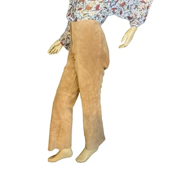 MARGARET GODFREY TAN SUEDE WHIP STITCH W/FLORAL DESIGN FLARE LEG PANTS (10) - Picture 4 of 14